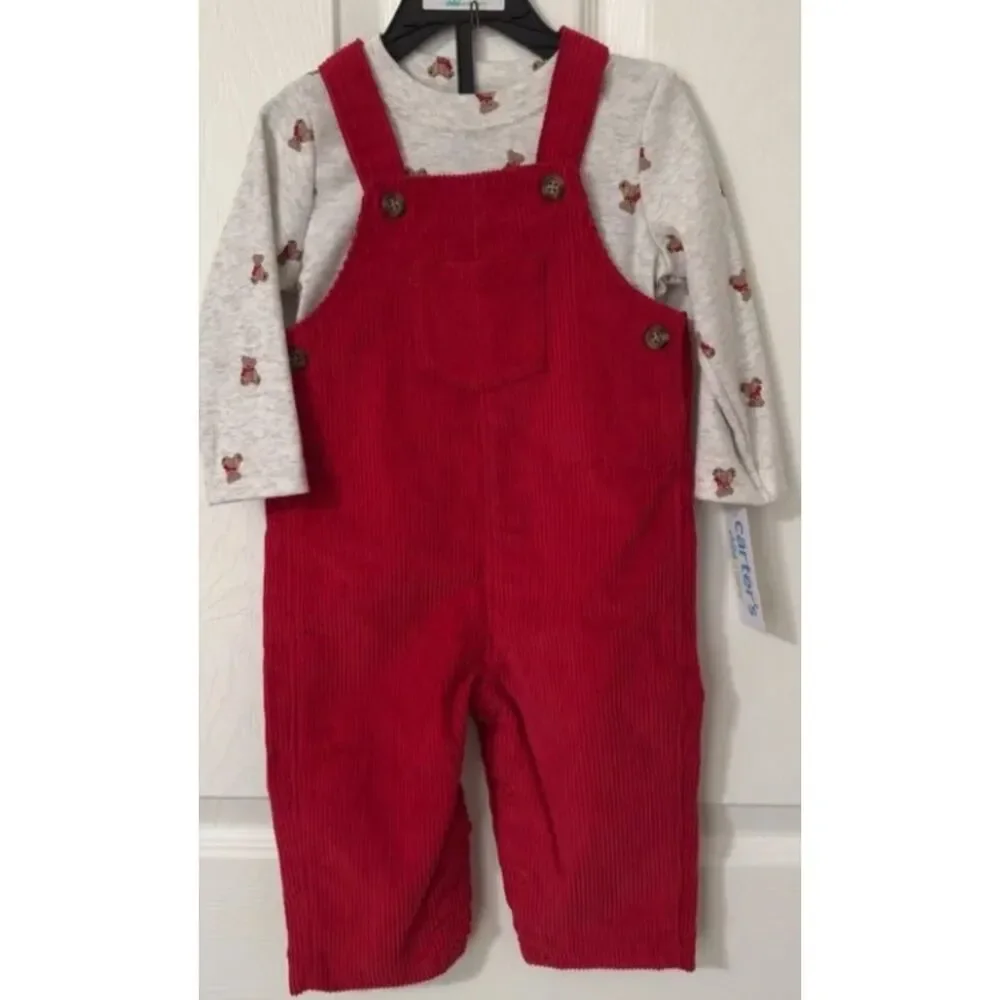 NEW Boys Sz 12 Months Red Corduroy Overalls & Teddy Bear Theme Shirt 2 Pc Outfit